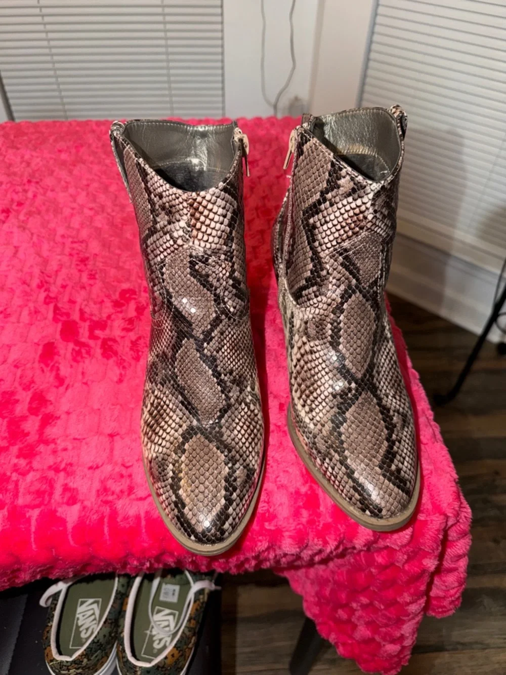 Vince Camuto Snake-Print Ankle Boots in Taupe and Black
